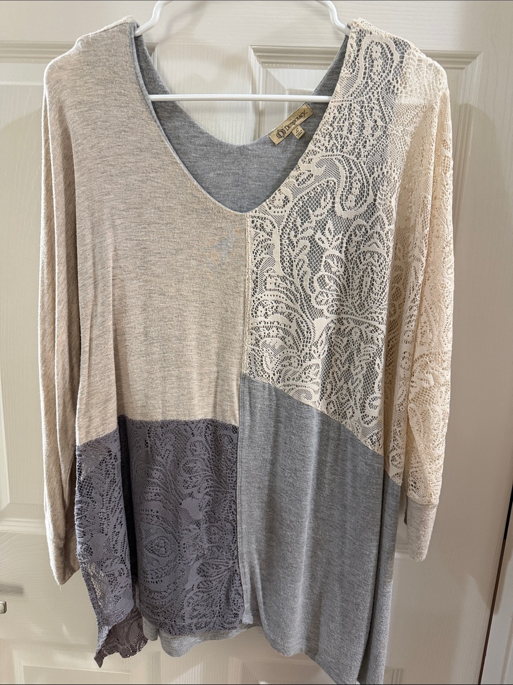 Democracy Lace-Panel Colorblock V-Neck Tunic in Beige and Gray